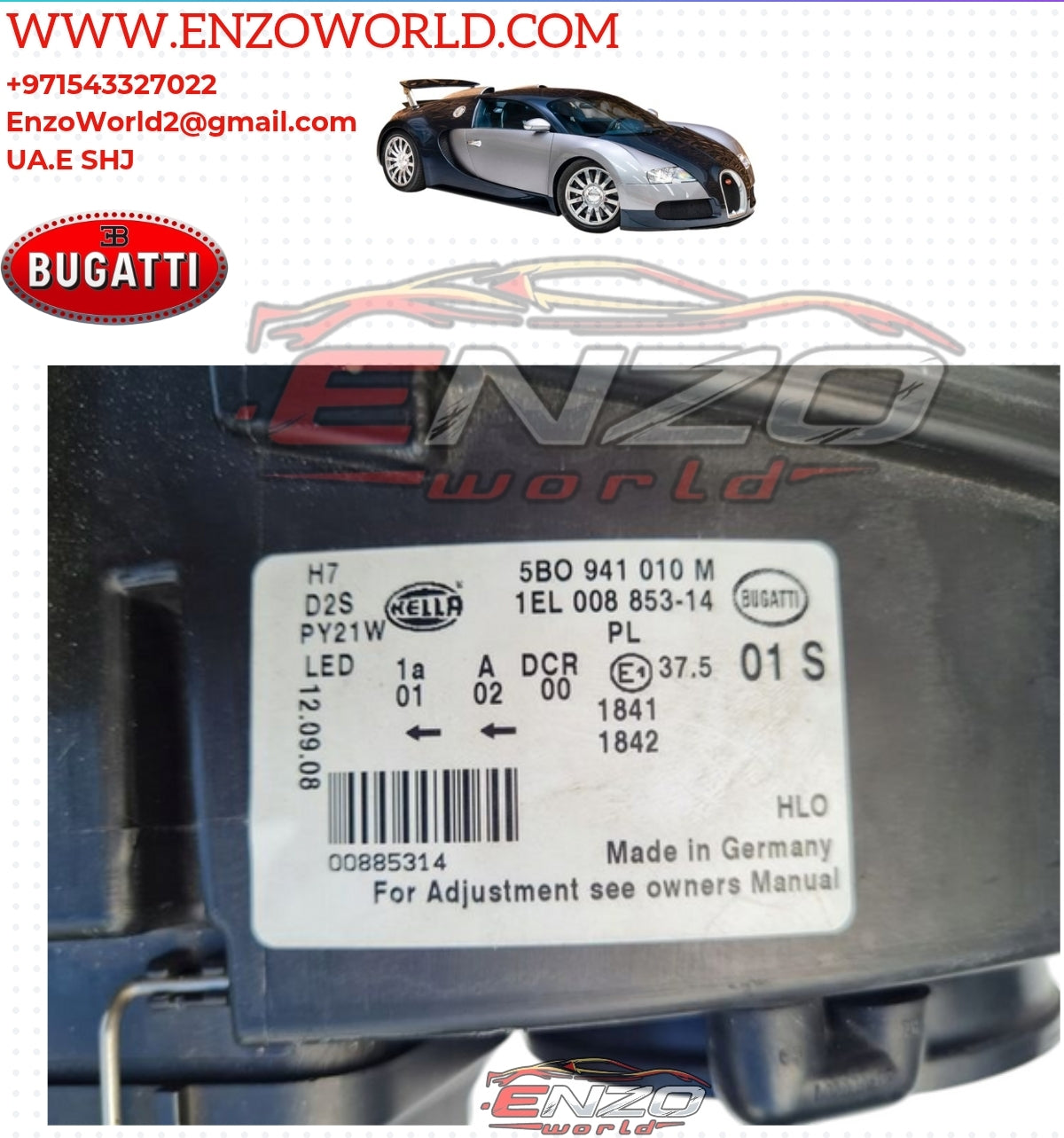 Bugatti Veyron Grand Sport BI Front Headlight R/H OEM: 5B0941010M