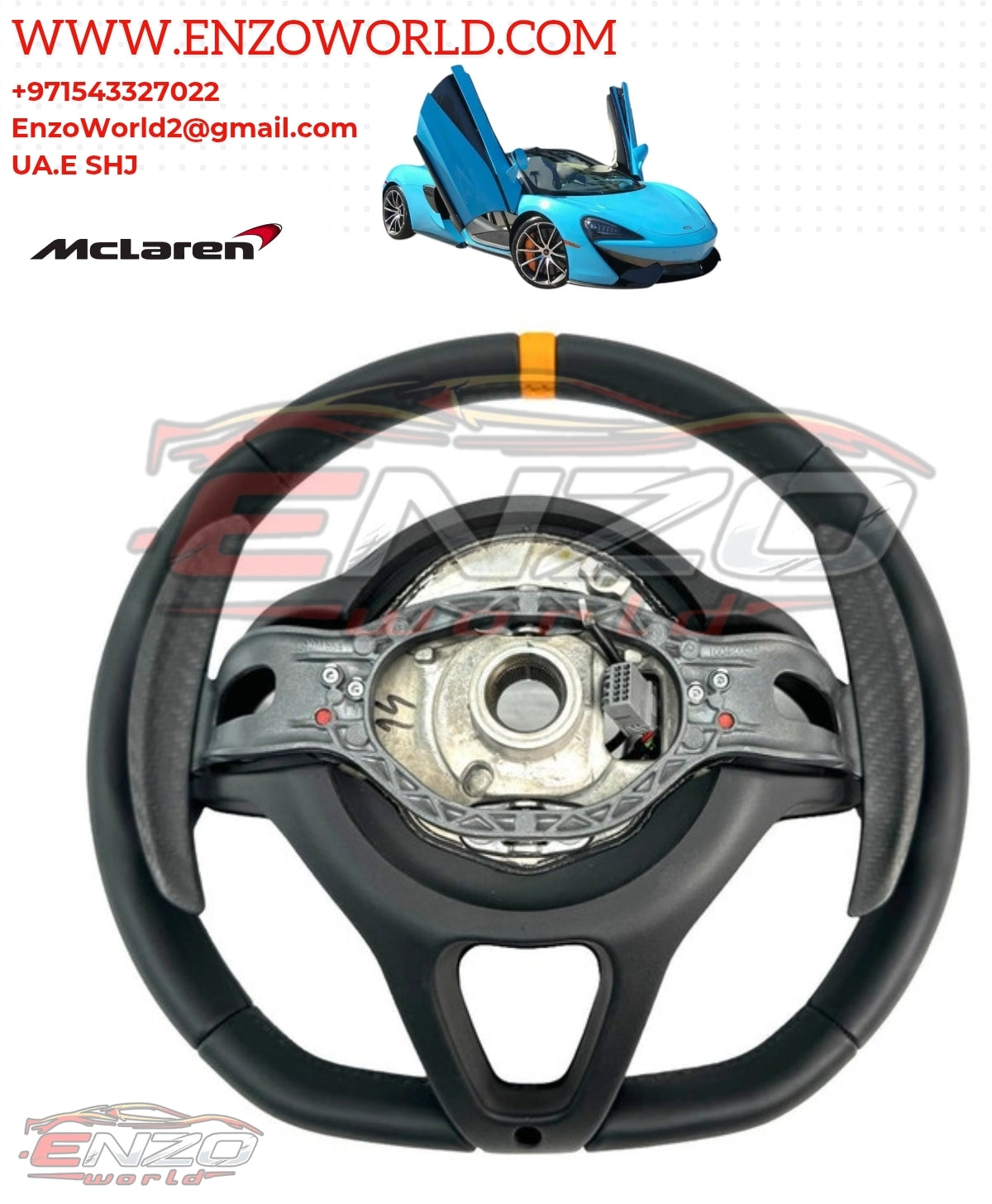 Mclaren 570S MSO LEATHER/ CARBON STEERING WHEEL WITH ORANGE TOP BAND OE:13NA221CP-13055SW