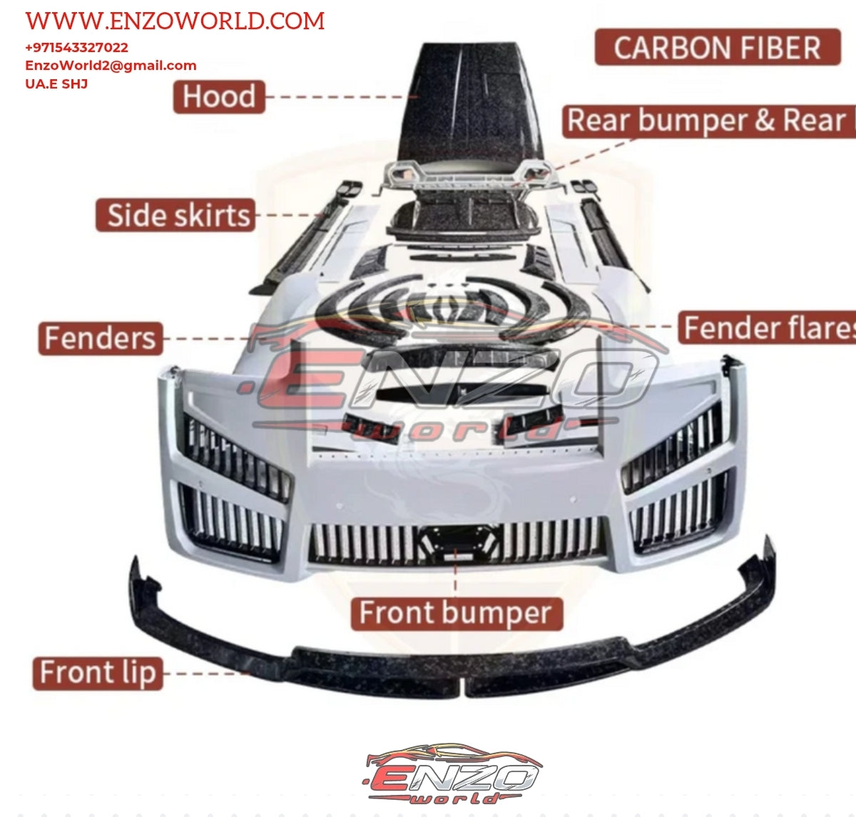 Mansory Style Dry Carbon Fiber Body Kit for Rolls Royce Cullinan Front Bumper, Hood, Front Lip, Fender Side Skirts and Wheel Eyebrow Bodykit