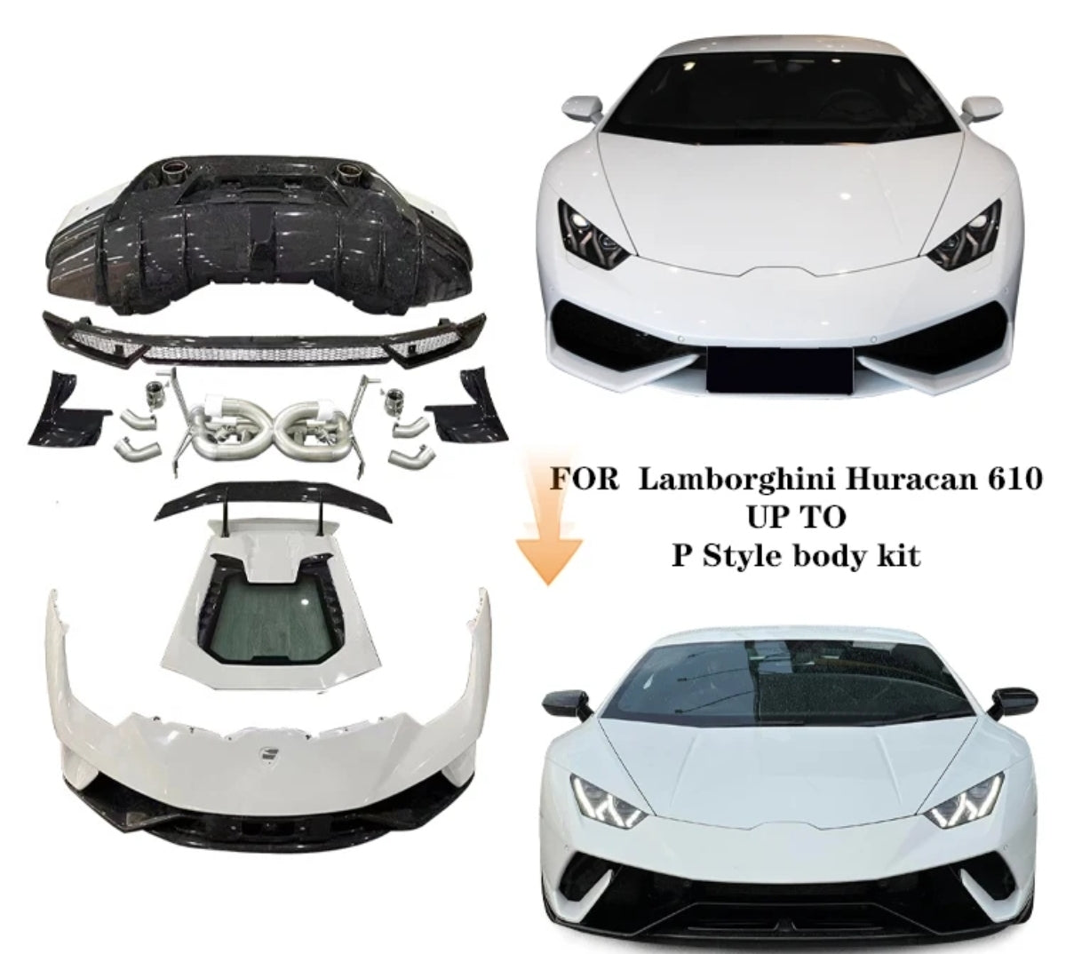 Half Carbon P Style Body Kit for Lamborghini Huracan 610 Body Kit with Front Bumper Rear Bumper Rear Hood Exhaust